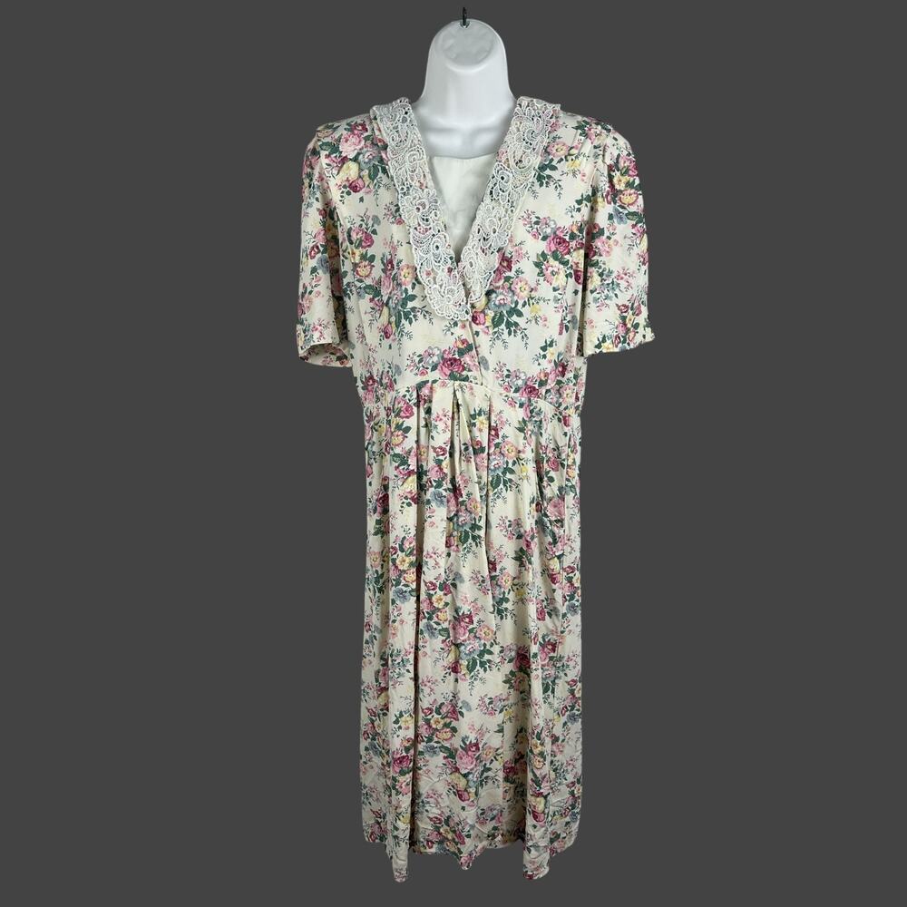 Vintage S.L. Fashions Floral Midi Dress Size 8 Lace Collar Cottagecore Pockets